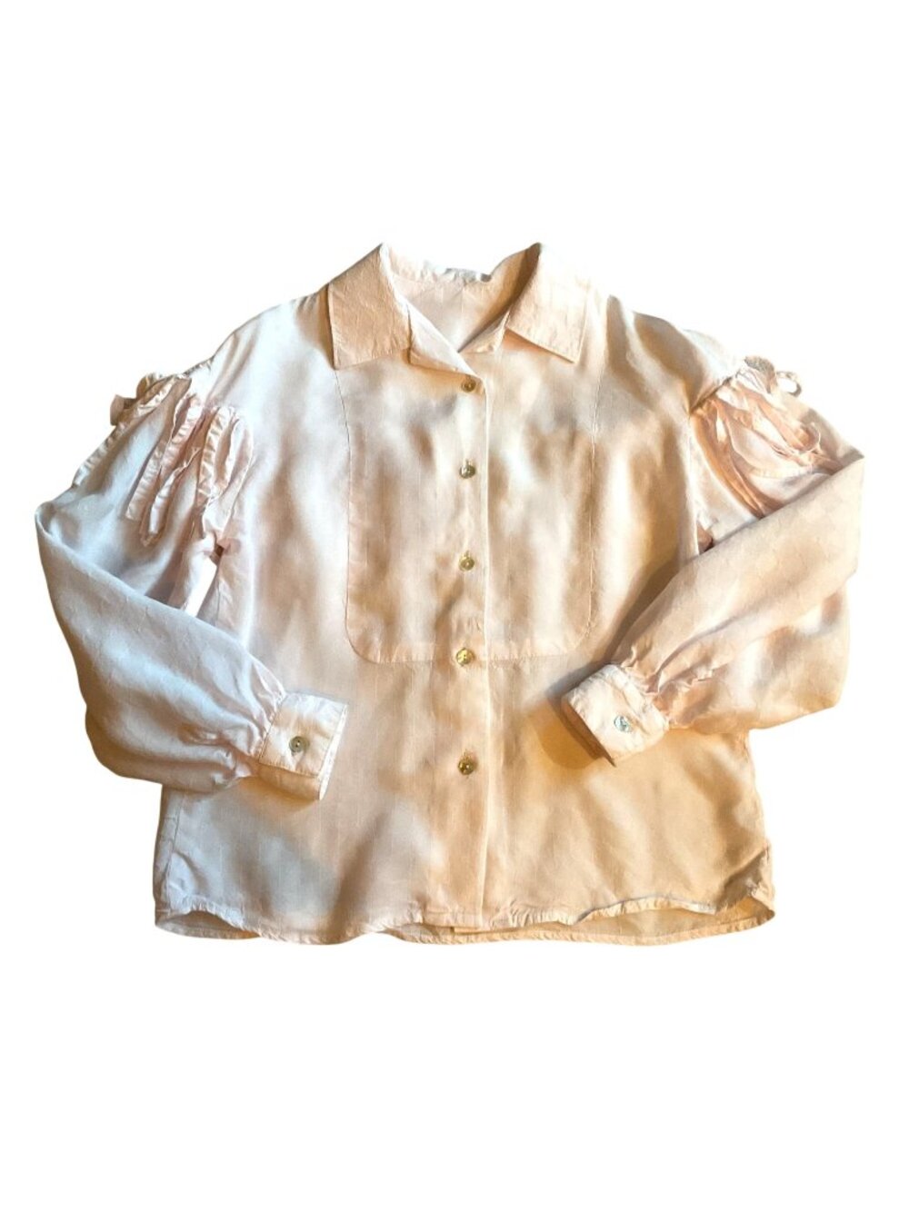 Vintage Blush Pink Fringed Blouse M Cotton Blend Button-Down Long Sleeve Womens